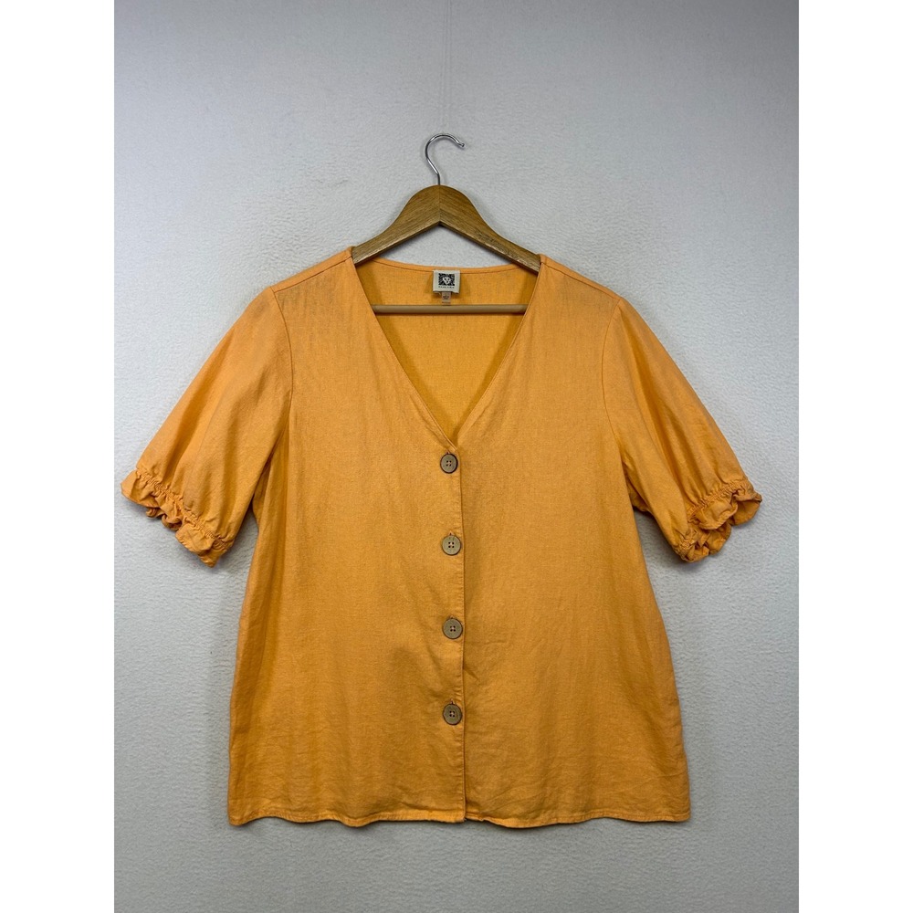 Coastal Anne Klein Womens Large Orange Linen Blend V-Neck Puff Sleeve Blouse
